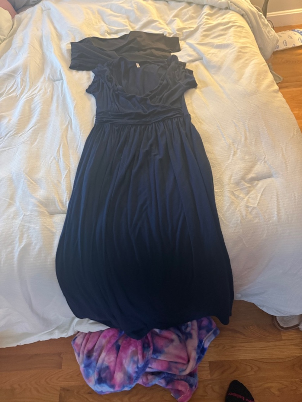 Navy Blue Midi Dress - Ruched V-Neck